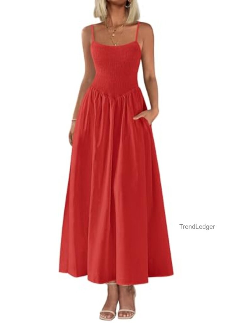Women's Smocked Maxi Dress Spaghetti Strap A-Line Long Flowy Beach Sundress